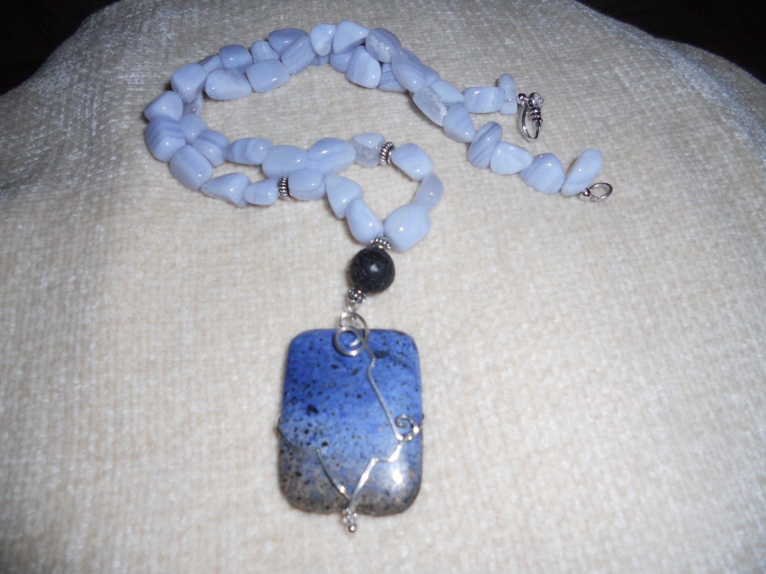Blue Lace Agate Pendant   Wire Wrapped Sodalite  Fine Jewelry  Blue Lace Agate  Beaded Jewelry Baby blue Beads Statement Necklace  Handmade