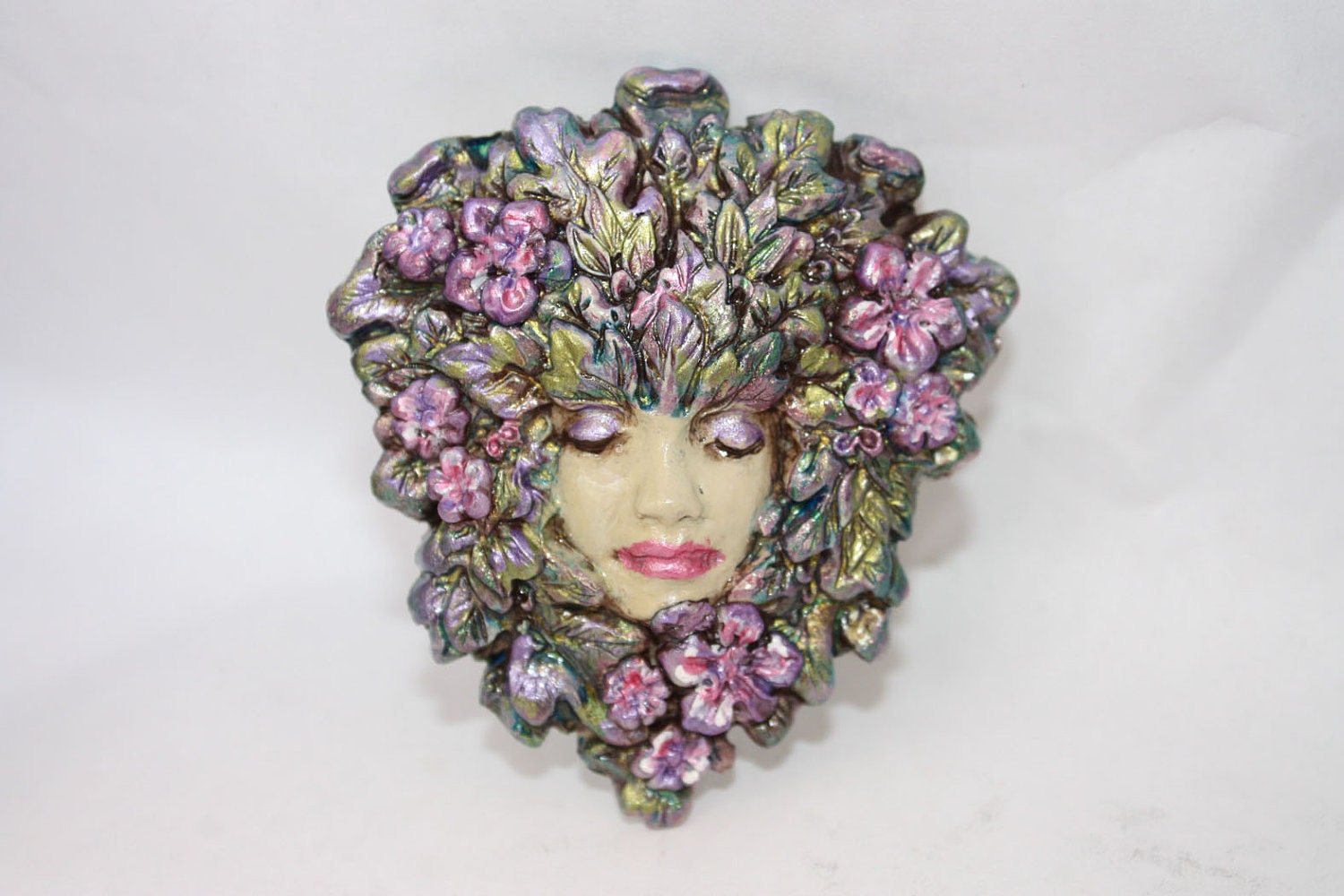 Polymer Clay Antiqued Leaf Lady Goddess Face Cabochon