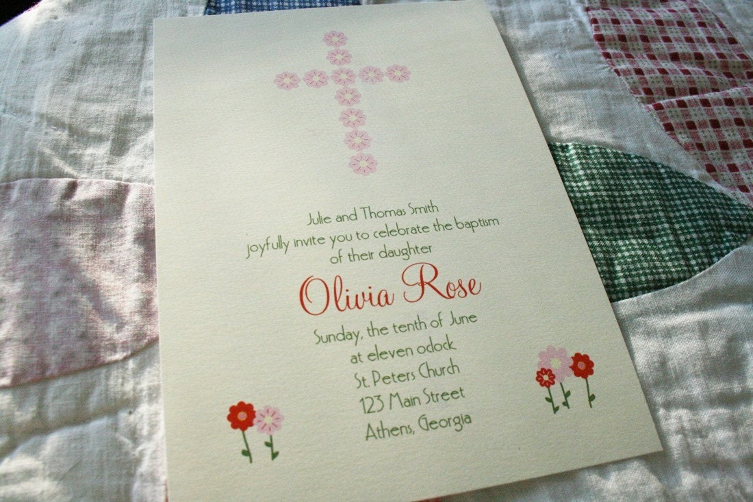 Baptism Christening Invitation in Pink Floral Cross Design