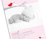 Pink and Red Baby Bird Birth Announcement or Valentines Day Photo Card