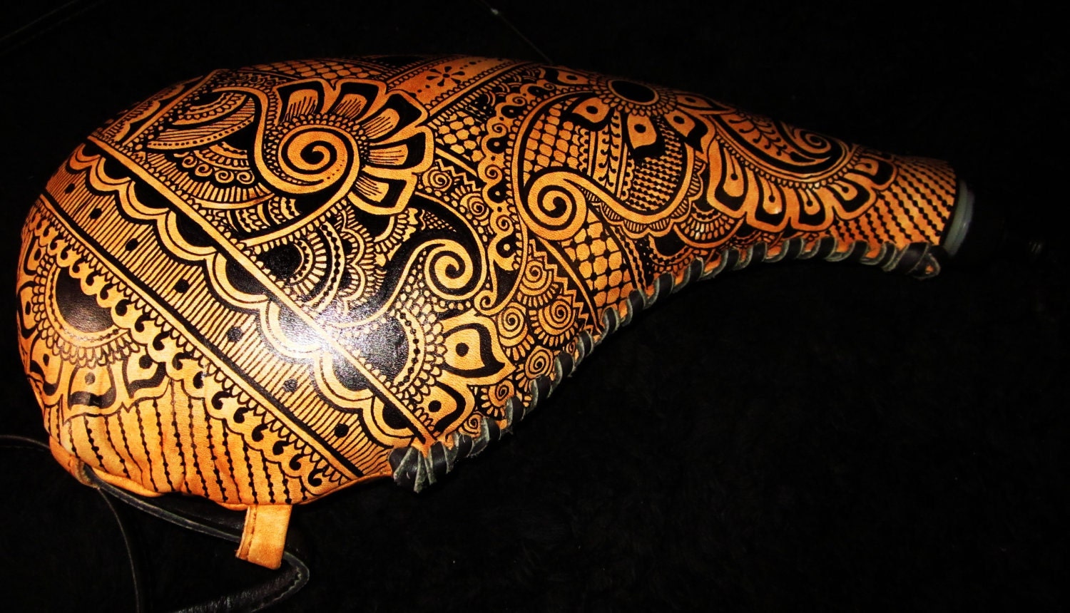 RESERVED for Arahima: Leather Case water bottle with henna mehndi tribal hand-painted design - functional