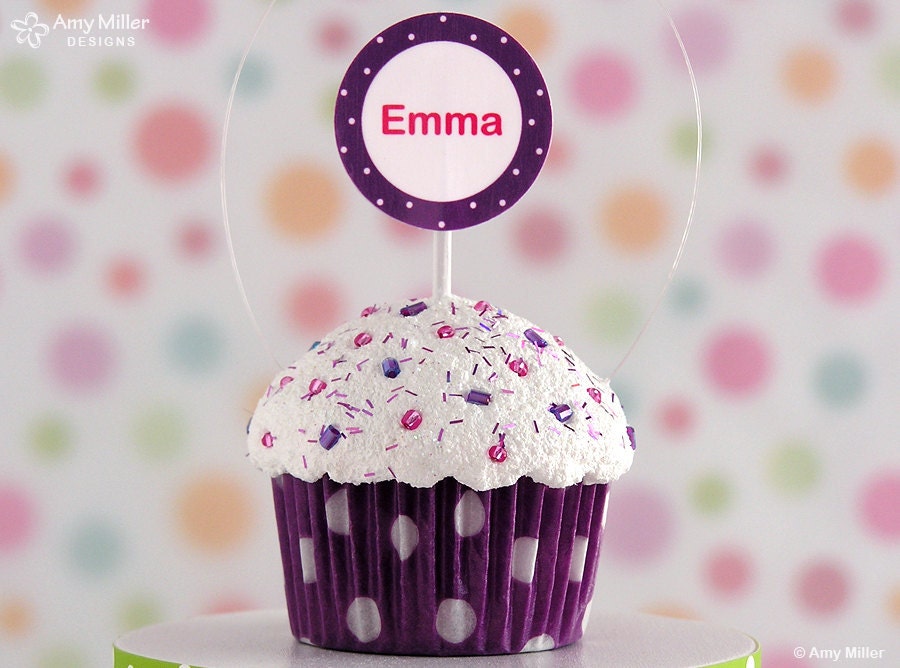 Cupcake Ornament - personalized mini purple polka dot