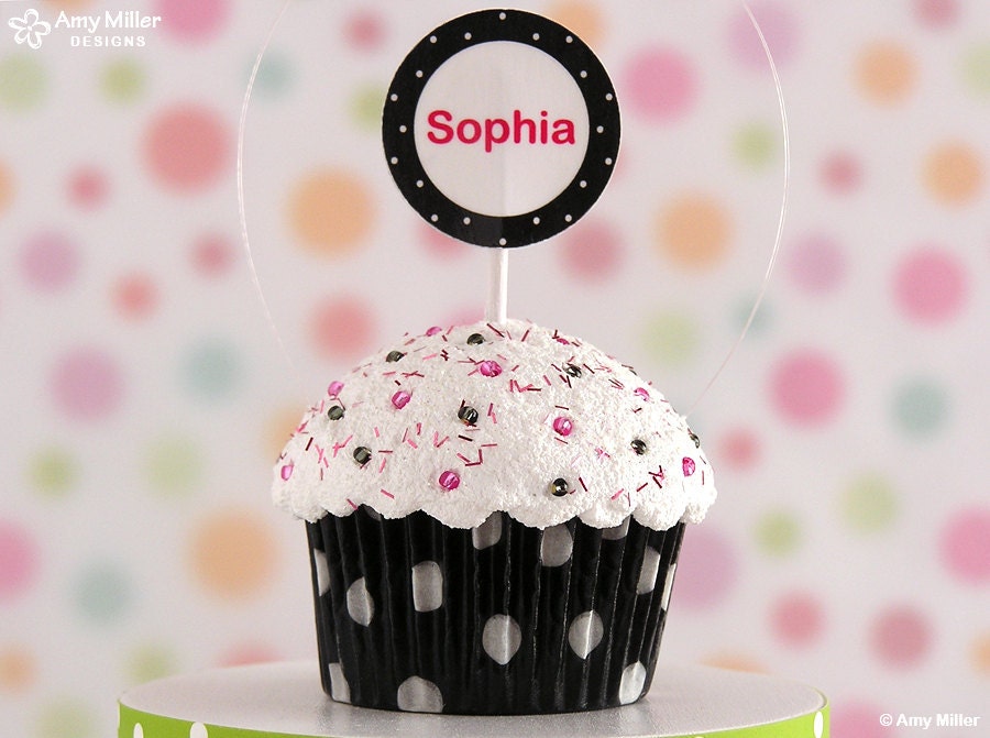 Personalized Cupcake Decoration - mini cupcake black polka dot