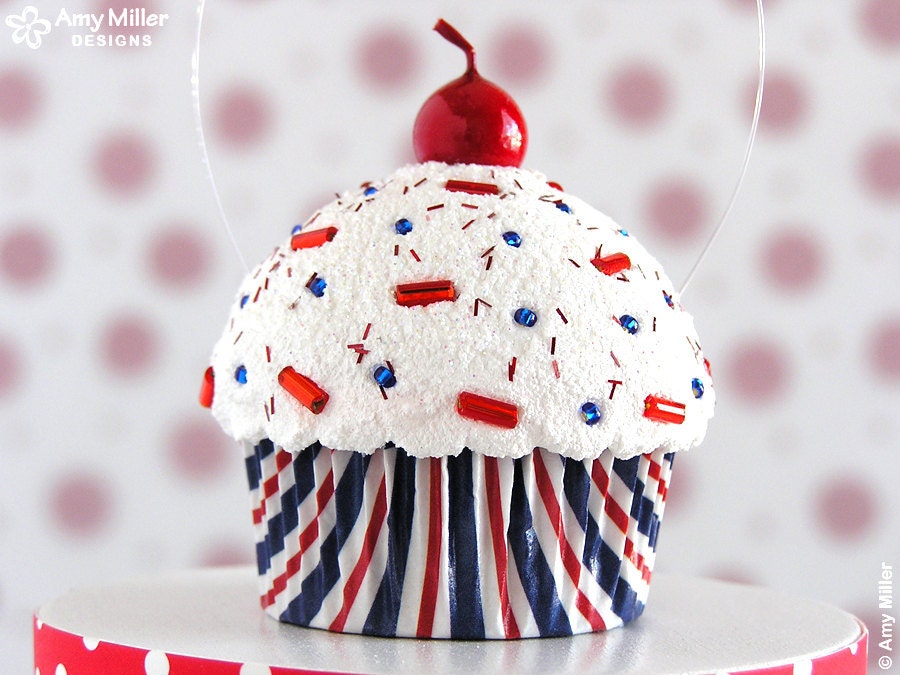 Red White and Blue Stripe Mini Fake Cupcake Decoration - AmyMillerDesigns