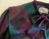 1970s 1980s Secretary Pussy Bow Teals and Plums Secretary Dress  xl