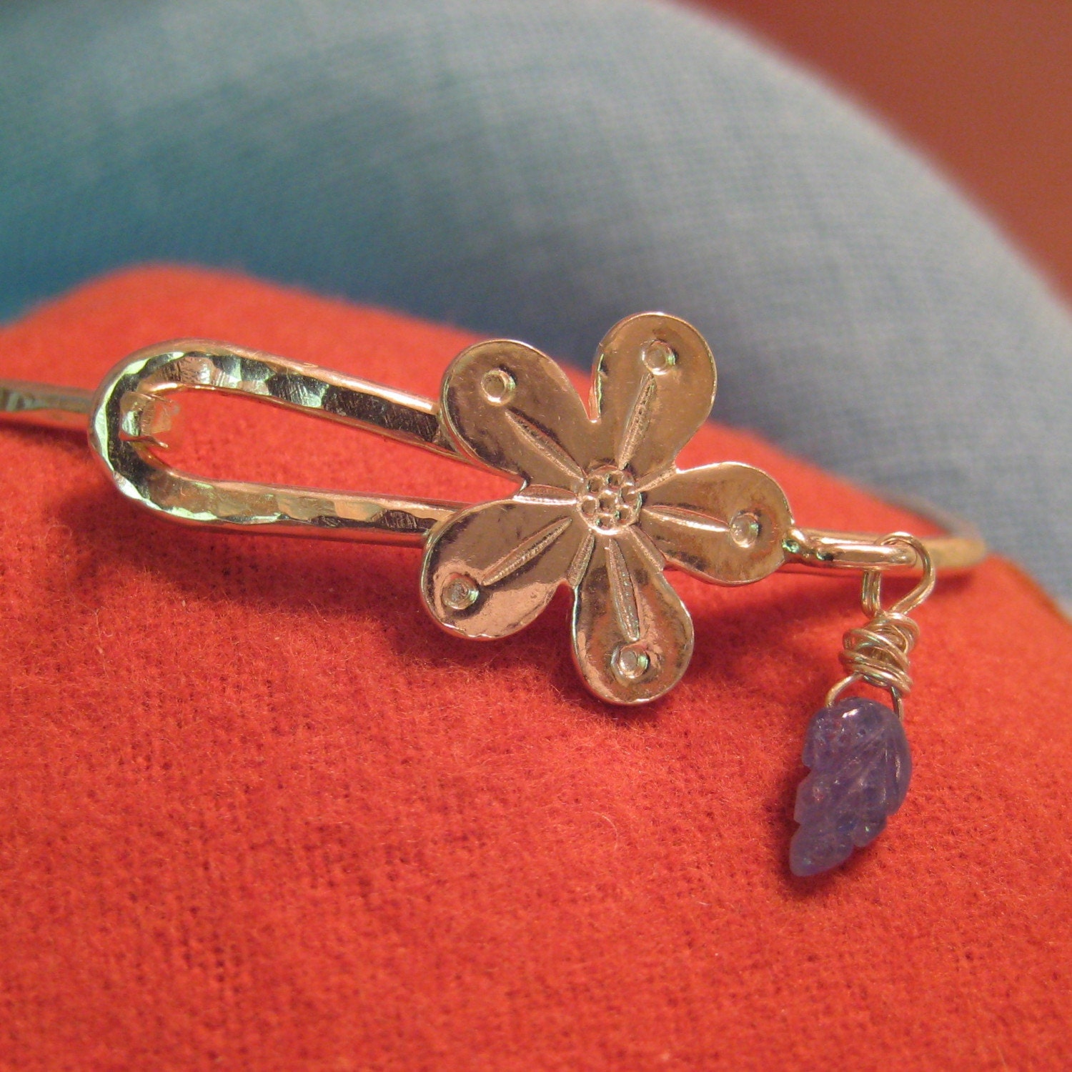 Flower Bangle Bracelet Blue Sapphire Bracelet Sterling Silver Thin Cherry Blossom Cuff Dainty Delicate Japanese Sakura JJDLJewelryArt