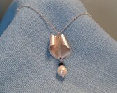 Silver Calla Lilly Necklace Pearl Onyx Pendant Freeform Asymmetric JJDLJewelryArt