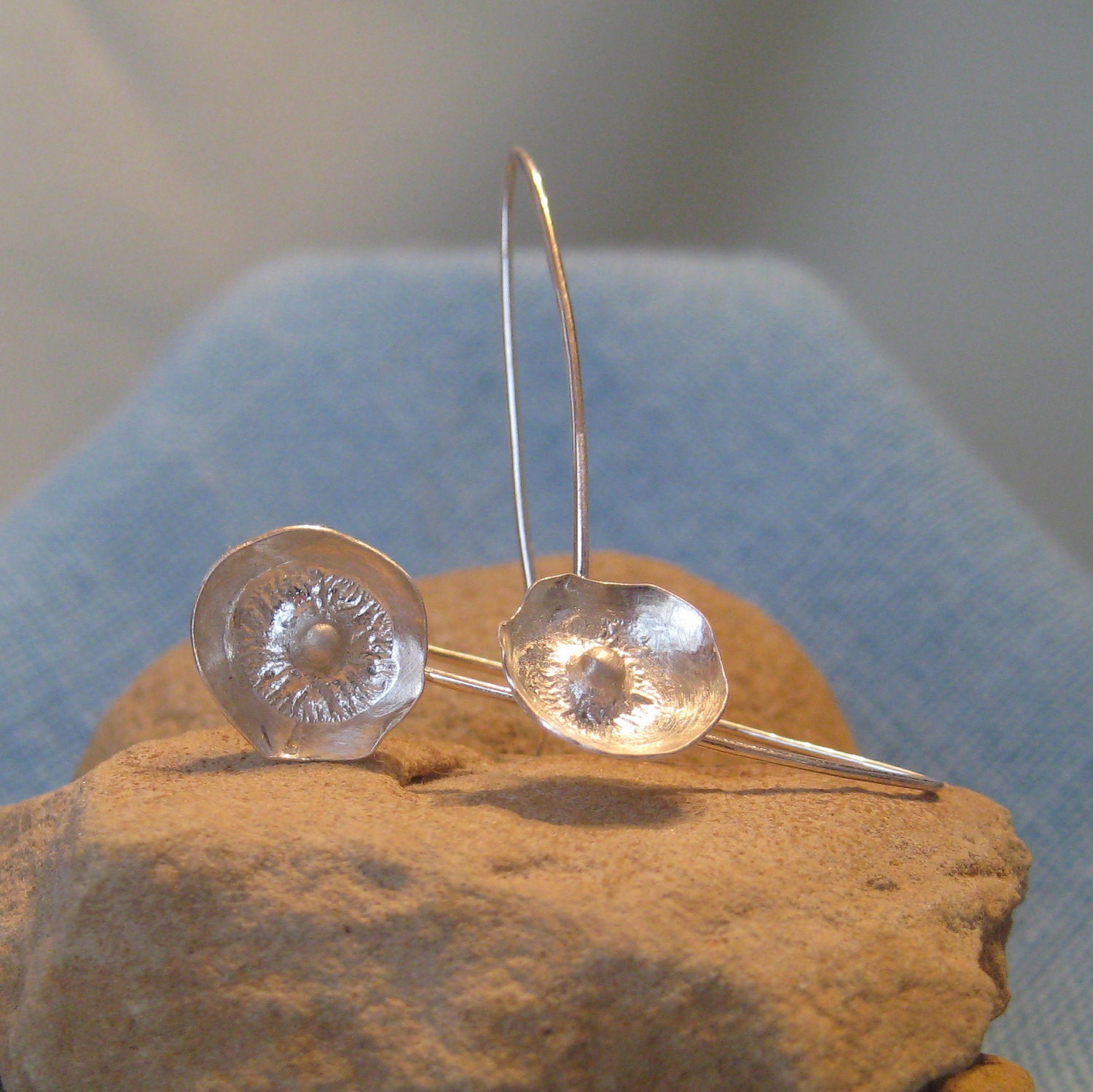 Flower Earring Wishbone Ear Wire Silver Long Dangle White Poppy JJDLJewelryArt