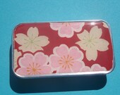 Deep Red with Pink and Ivory flowers - Stash your secrets in this cool small slider tin - Resin protected Chiyogami top