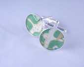 Flying Cranes on Green  -  Chiyogami Cufflinks 17mm diameter with a thick Protective Glossy Hand Poured coat of Polymer Resin