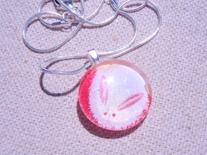 Bunny in the Round -  Chiyogami Glass Drop Round Pendant on Snake chain - Resin protected Back - waterproof