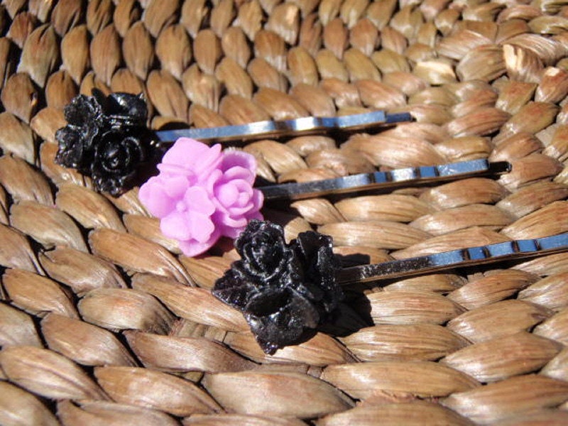 Pretty Flower Hair Bobby Pins- set of 3- Wear one, wear them all- Violet and Black