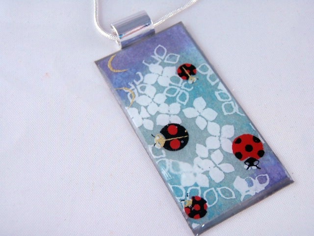 Pretty Lady bugs on Purple and Blue with White Petals - 1x2 Stainless Rectangle Pendant - Resin encased Chiyogami - one of a kind