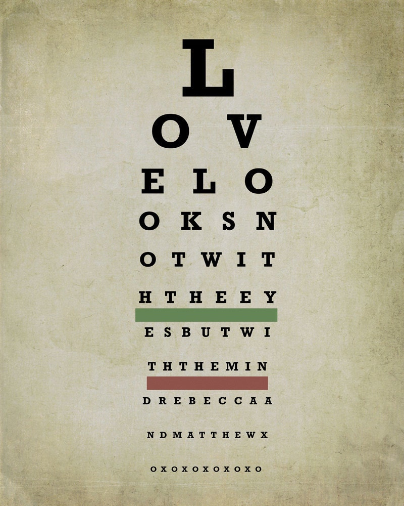 Personalized Eye Chart- Love Looks With the Mind- Completely Customizable-8X10 Matted Photograph-Unique Gift for Couple, Family, Valentine