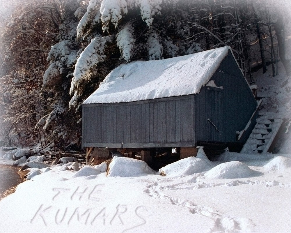 Winter Boathouse Personalized  Photograph- YOU Choose Names Written in Snow- Unique Valentines Day, Wedding, Anniversary Gift