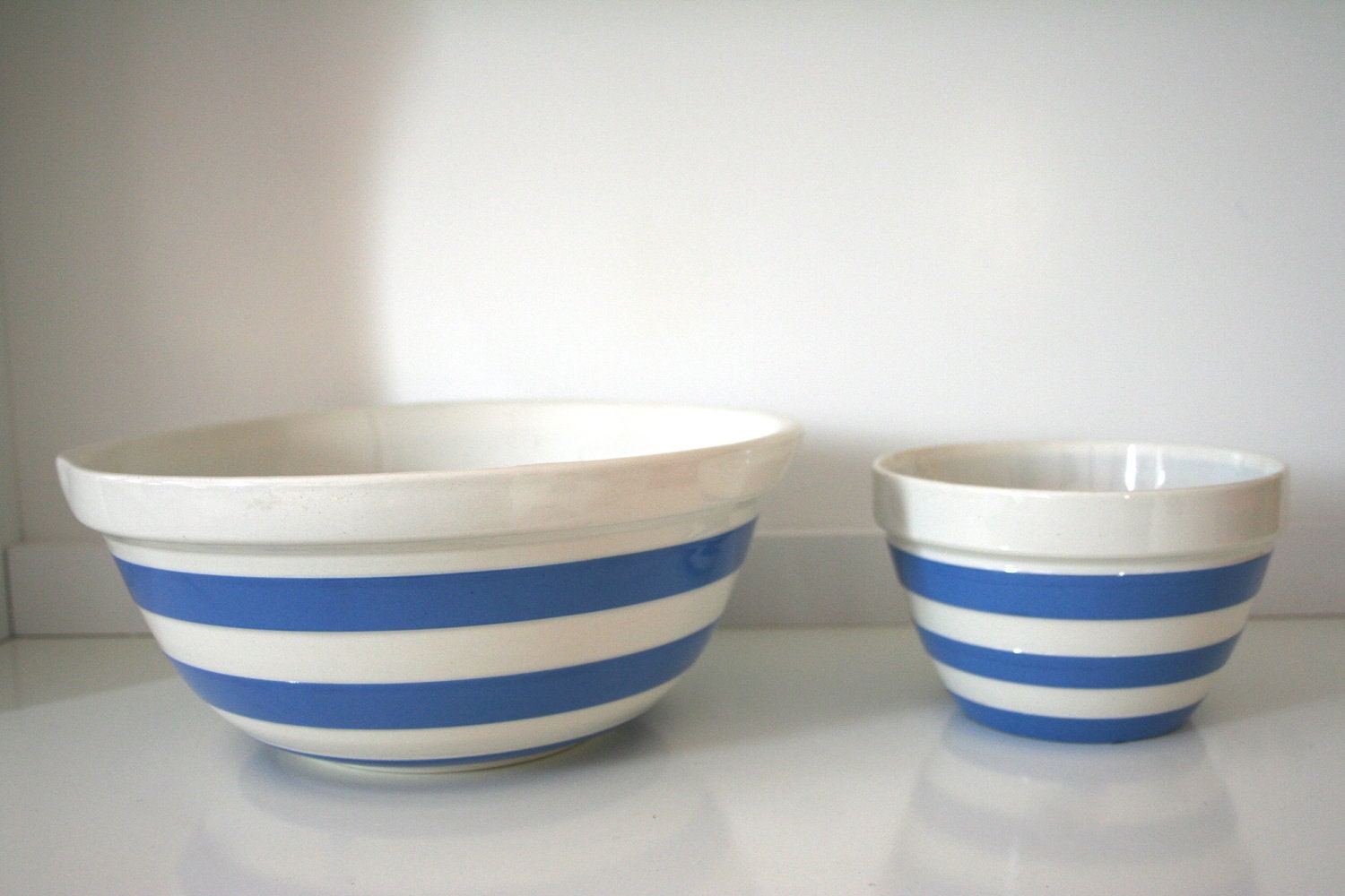 Set of Two Vintage T.G. Green Blue Striped Cornishware Mixing Bowls