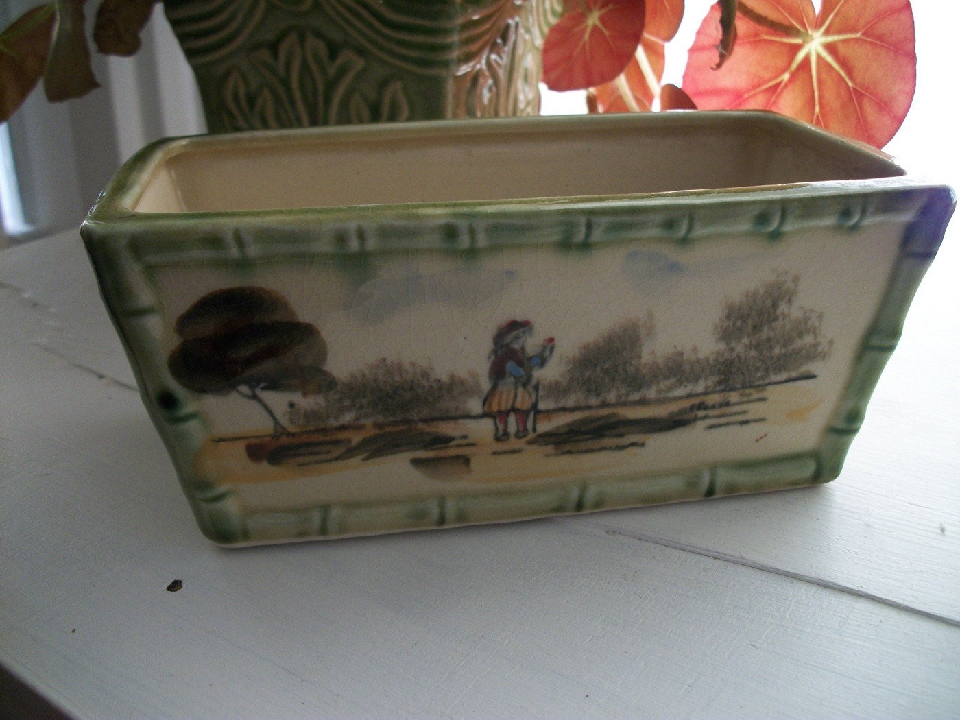 Vintage Ceramic Planter with Handpainted Asian Design