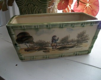 Vintage Ceramic Planter with Handpainted Asian Design