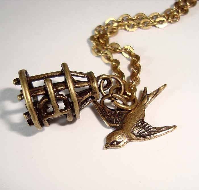 Bird Necklace Sparrow Necklace Bird Necklace Cute Bird and Cage Antique Bronze Pendant Necklace