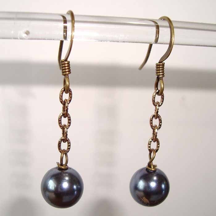 Antique Bronze Chain Dangle Earrings - Grey / Silver Pearl Dangle Earrings