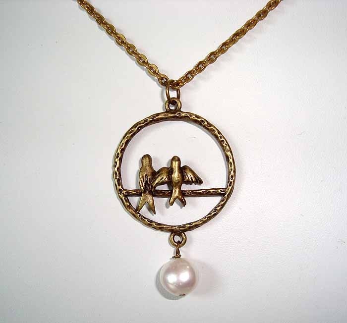 Bird Necklace Love Birds Fresh Water Pearl Antique Bronze Pendant Necklace