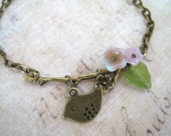 Antique Brass Flower Branch with Sweet Sparrow Bracelet