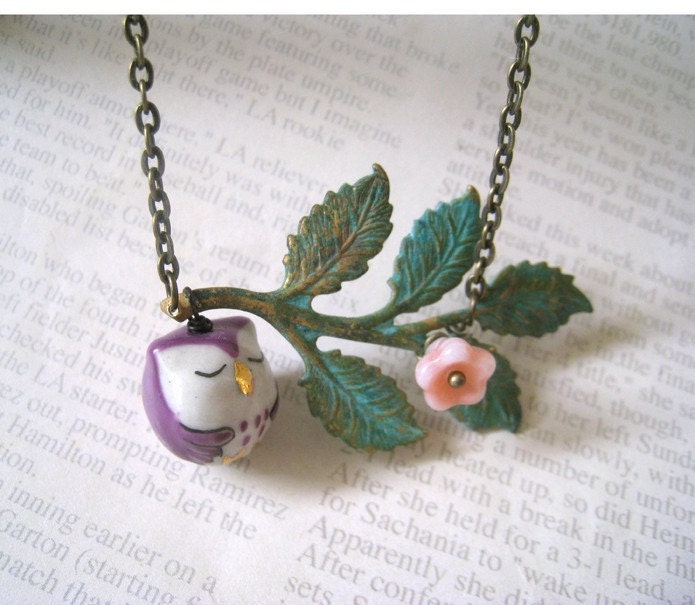 Verdigris Patina Leaf Branches with Sleepy Porcelain Owl Necklace