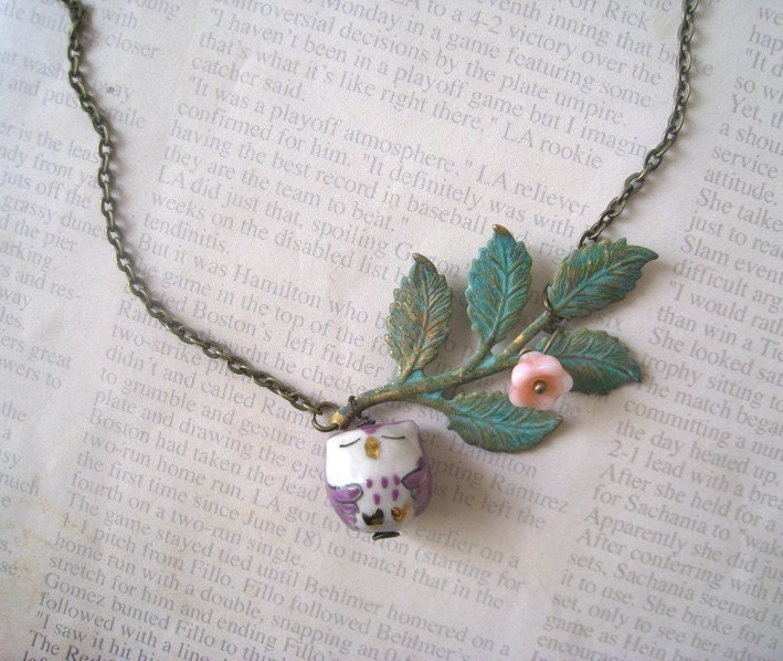 Verdigris Patina Leaf Branches with Sleepy Porcelain Owl Necklace