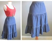Peasant Skirt Denim Vintage Tiered Prairie 70s Medium