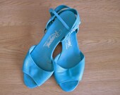 Teal Sandals Vintage Cork Wedge Leather Shoes Open Toe 5/6