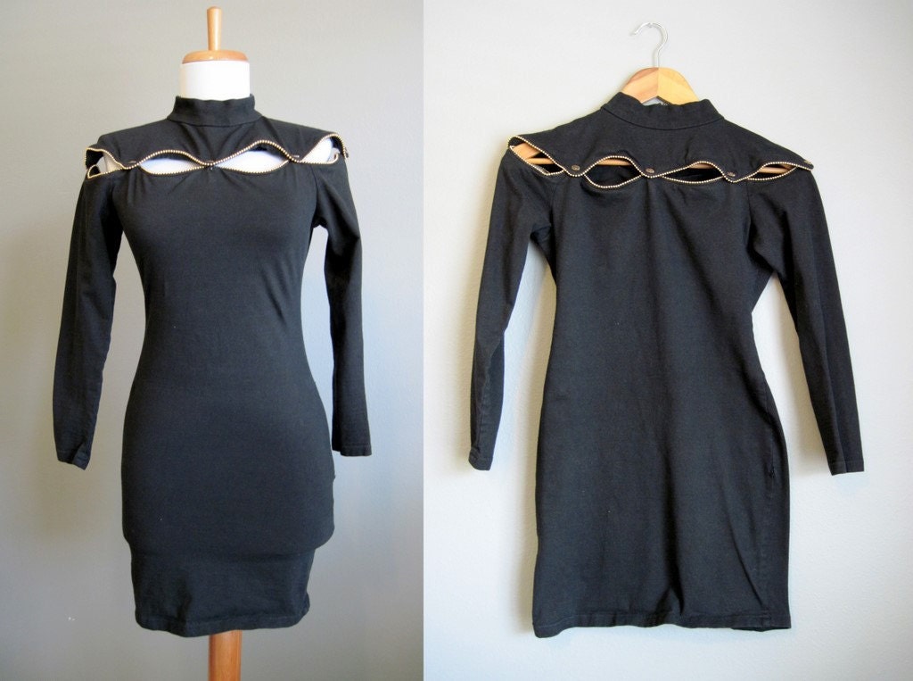 Body Con Dress Cut Out Vintage Black Mini Gold 1980s XS