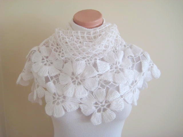 White Bridal Shawl - Flower, Floral Shiny Triangle Winter Wedding Accessories - Gift for Her - Ready to Ship