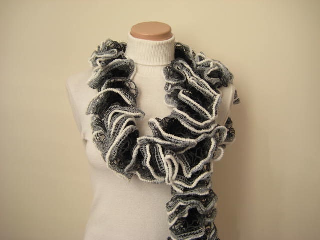 Scarf - Grey Black and White Frilly Scarflette, Neck Tissue, Rag, Neckwarmer, Foulard - Gift for Her - READY TO SHIP