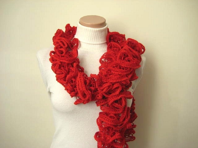 Red Fashion - Red Frilly Scarflette, Neck Tissue, Rag, Neckwarmer, Foulard - Gift for Her - Ready to Ship