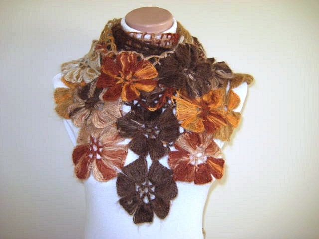 Autumn Rustic Shawl - Copper Brown Colored Flower Floral Triangle Accessories - Gift for Her - Ready to Ship