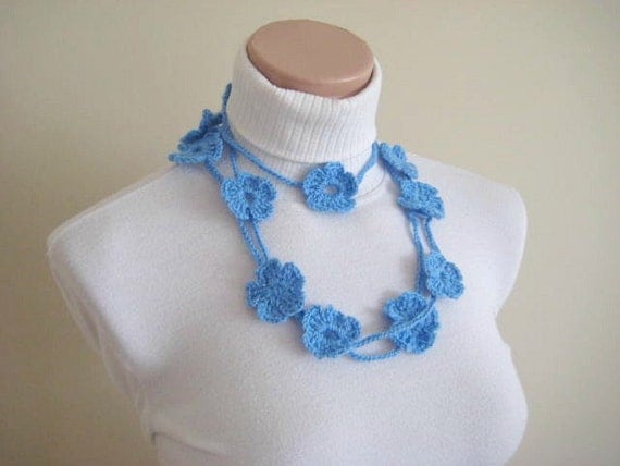 Baby Blue Bloom Flower Crochet Necklace, SCARFLETTE, SCARF, BELT - Ready for Shipping - Gift for Her