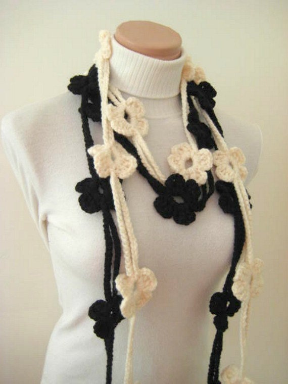 Scarf - Black and Cream Double Bloom Crochet Scarf, Belt, Necklace, Scarflette, Lariat - READY TO SHIP - Gift for Her