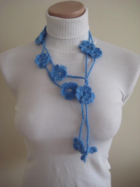 Baby Blue Bloom Flower Crochet Necklace, SCARFLETTE, SCARF, BELT - Ready for Shipping - Gift for Her