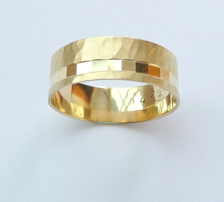 Gold wedding ring mens wedding band and womens ring hammered sandblast finish and off centered cubes