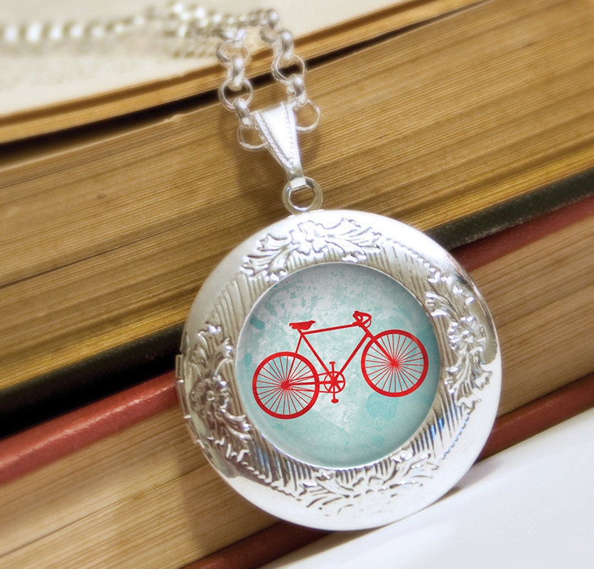 Bicycle Locket Necklace - Silver Locket - Bicycle (blue and turquoise) - Wearable Art with Silver Chain