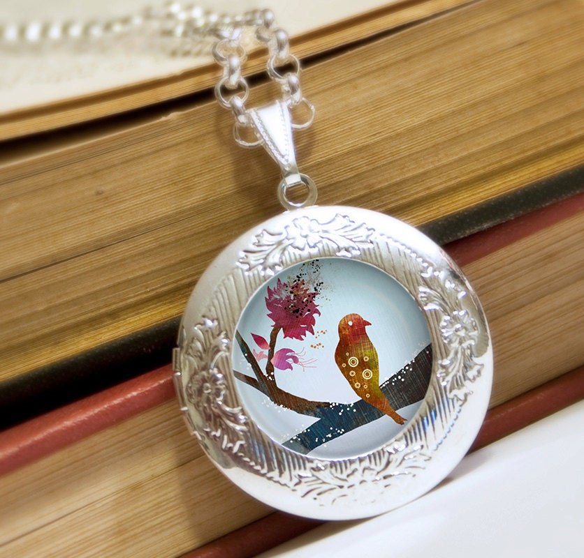 Bird on a Branch Locket - Silver Necklace - Wearable Art with Silver Chain