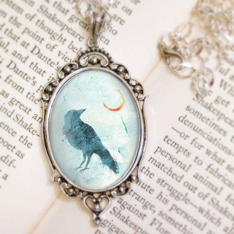 Raven Moon Necklace - Silver Pendant - Call of the Moon - Wearable Art with Silver Chain
