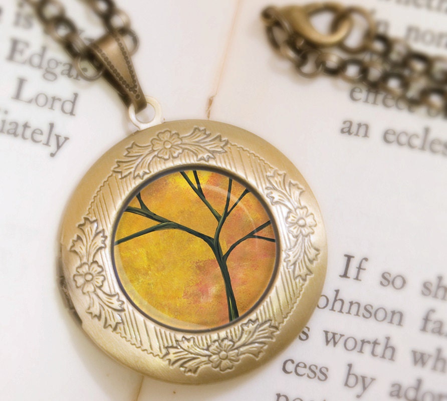Autumn Tree Locket - Bronze Necklace - Autumn Days - Wearable Art with Bronze Chain