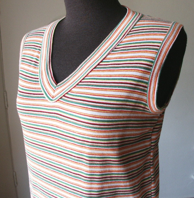 Vintage 70's Sleeveless Shirt, Knit T Shirt, Multicolor Striped, Women's Small to Medium