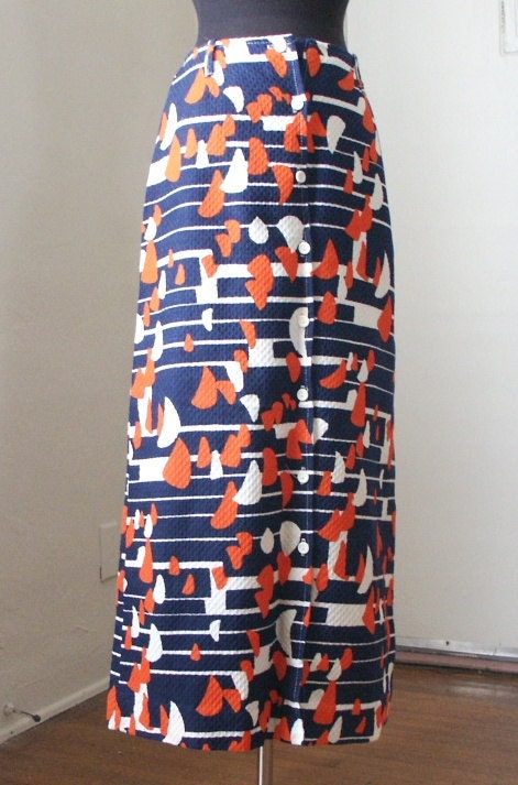 Vintage 70's Maxi Skirt, Navy Blue with Orange and White, Abstract Sailboat Novelty Print, Women's Size Small to Medium