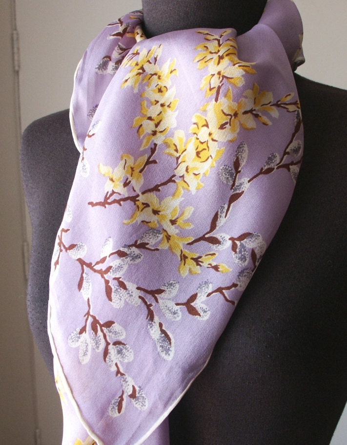 RESERVED for DANIELA....Vintage 60's Scarf, Pastel Lavender Floral with Brown, White, Yellow, Large