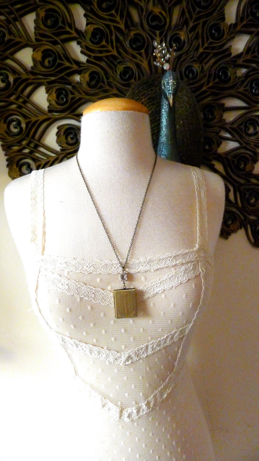 Family Album Locket, Big Book, Vintage Glass Gem, Long Chain Necklace, Handmade Jewelry