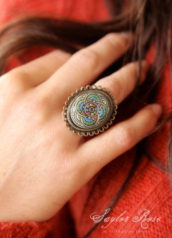 Bohemian Holiday Cocktail Ring, Vintage Glass, Hanadmade