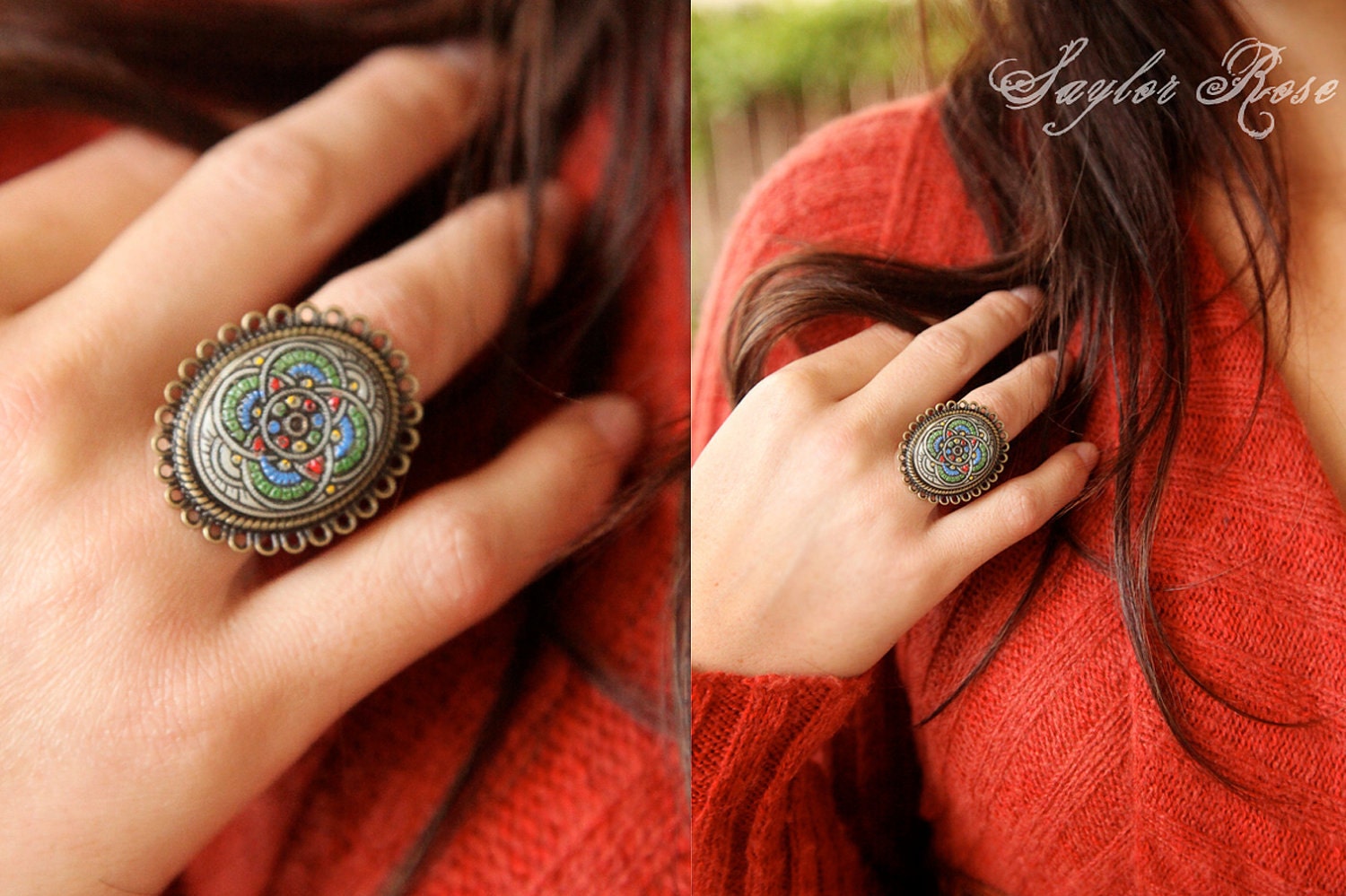 Bohemian Holiday Cocktail Ring, Vintage Glass, Hanadmade
