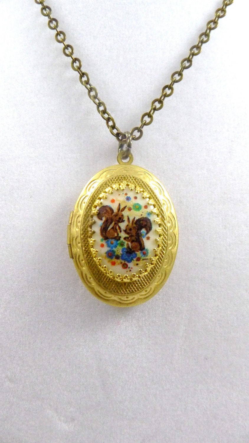 Vintage Locket Necklace, Squirrel Party, Handmade